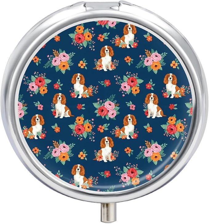 Round Travel Pill Box with Mirror English Springer Spaniel and Retro Floral, 3 Compartment Metal Pill Holder for Purse Fish Oil Supplements