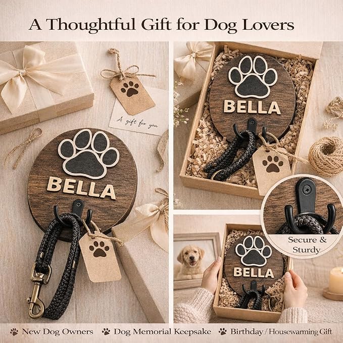 Personalized Dog Leash Holder Wall Mount, Wooden Dog Leash Hanger with 52 Letters, Pet Leash Wall Hook Organizer for Dog Collar & Harness, Paw Design Entryway Home Decor (Single Hook)