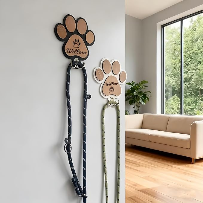 Wooden Dog Leash Holder, Dog Collar Hook and Leash Storage, Personalized Dog Paw Hook, Custom Pet Name Sign Gift, 16 * 16cm(White)