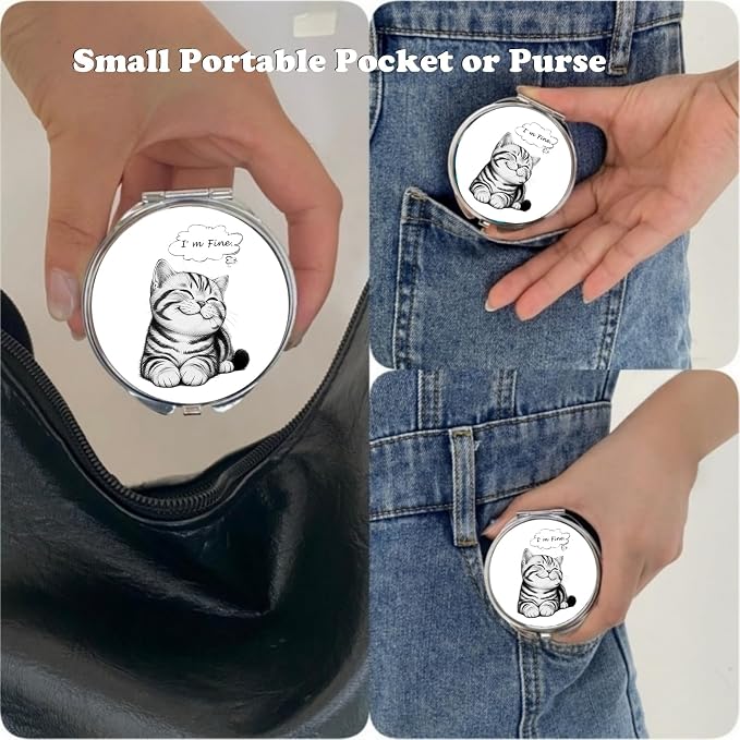 Small Pill Box 3 Detachable Compartments Pill Case with Mirror 2.4inches Pocket Round Medicine Organizer, Mini Portable Pill Organizer for Pocket Purse& Travel Convenience-Cute Black White Lovely Cat