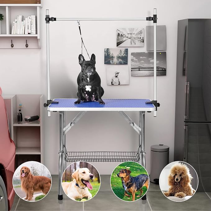 46'' Stainless Steel Pet Dog Grooming Table, Arm/Noose/Tray, Blue | Foldable Dog Grooming Table for Dogs at Home, Adjustable Height Arm, Non-Slip Waterproof Tabletop, Capacity 330Lb
