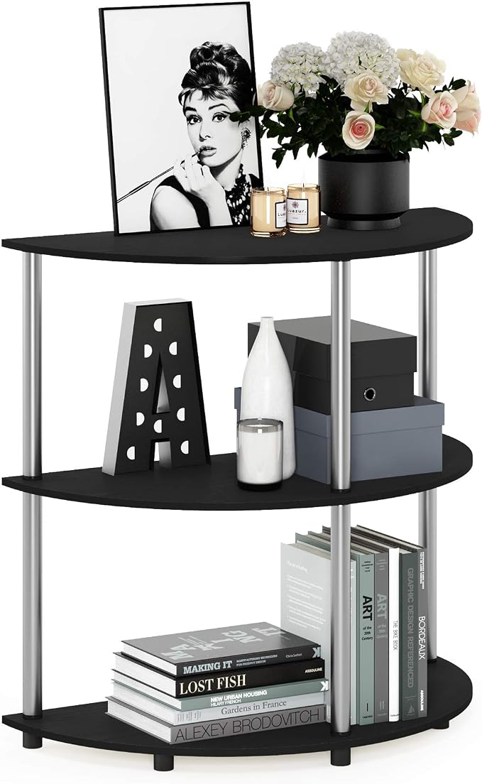 Furinno Frans Turn-N Half Round Console Table with Stainless Steel Tubes, Black Oak 15.6D x 31.1W x 30.8H in | Console Table with Storage Shelf, Narrow Sofa Side, Stainless Steel Tubes, for Living Room, Home Office, Entryway