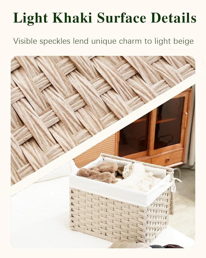 SETVSON Storage Basket with Lid, 2-Lid PE Rattan Storage Bin, Light Khaki | Dual Lid Small Items & Accessories Organizer, Divided Sock & Underwear Bin, 2 Washable Liner Bags, Small Collapsible Trunk