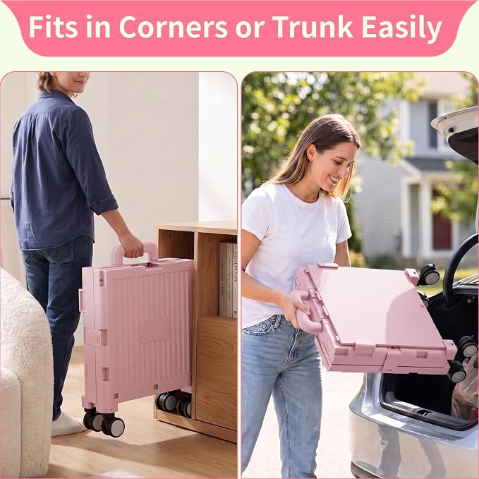 Foldable Shopping Cart with Wheels: Pink Rolling Utility Crate | Adjustable Handle, All-Terrain Wheels, Multipurpose Grocery Trolley for Teacher, Market, Office, Luggage, Laundry, Garden