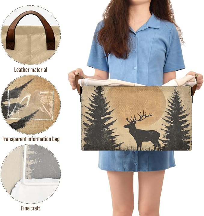 Rustic Sunset Forest Deer Vintage Storage Basket Foldable Cube Storage Bins with Handles&Label Collapsible Organizer Box Bin Large Rectangle Decorative Baskets for Shelves Home Living Room Closet