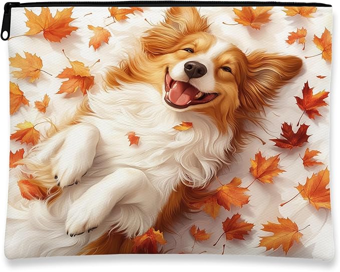 Fall Rough Collie Dog Makeup Bag, Cute Autumn Maple Leaf Printed Cosmetic Travel Pouch for Women Girls, Pet Portable Small Canvas Zipper Organizer 7x9 Inch