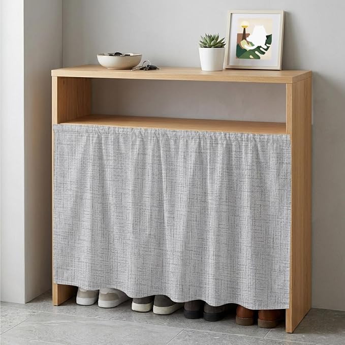 Cabinet Curtains 35x35inch Sink Skirt, Modern Minimalist Gray Desk Skirt for Kitchen Bathroom Shelves, Country Linen Style Privacy Cabinet Curtain Self Stick Adhesive Under Sink Skirts