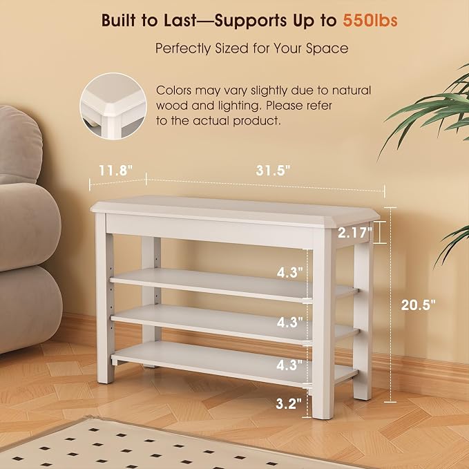 IUNVR Shoe Rack Bench Seat Rubberwood 3-Tier Wooden Storage Bench 550lbs Compact Mid-Century Modern Design for Entryway, Hallway, Closet, Front Door Entrance, Foyer