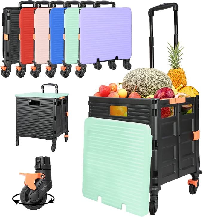 Foldable Utility Cart Portable Rolling Crate Handcart Shopping Trolley Collapsible Tool Box with Rotate Noiseless Wheels Telescoping Handle Lid for Travel Move Storage Office School (Green)