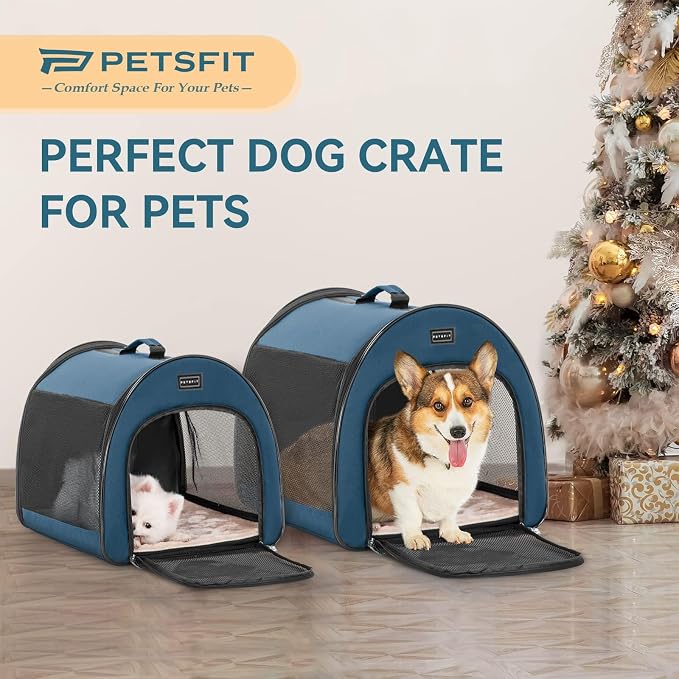 PETSFIT Portable Dog Crate, Travel Dog Crate - 19 Inch Lightweight, Roomy, Easy to Set Up, Sturdy Collapsible Dog Kennel with Thick Mat, Navy Blue