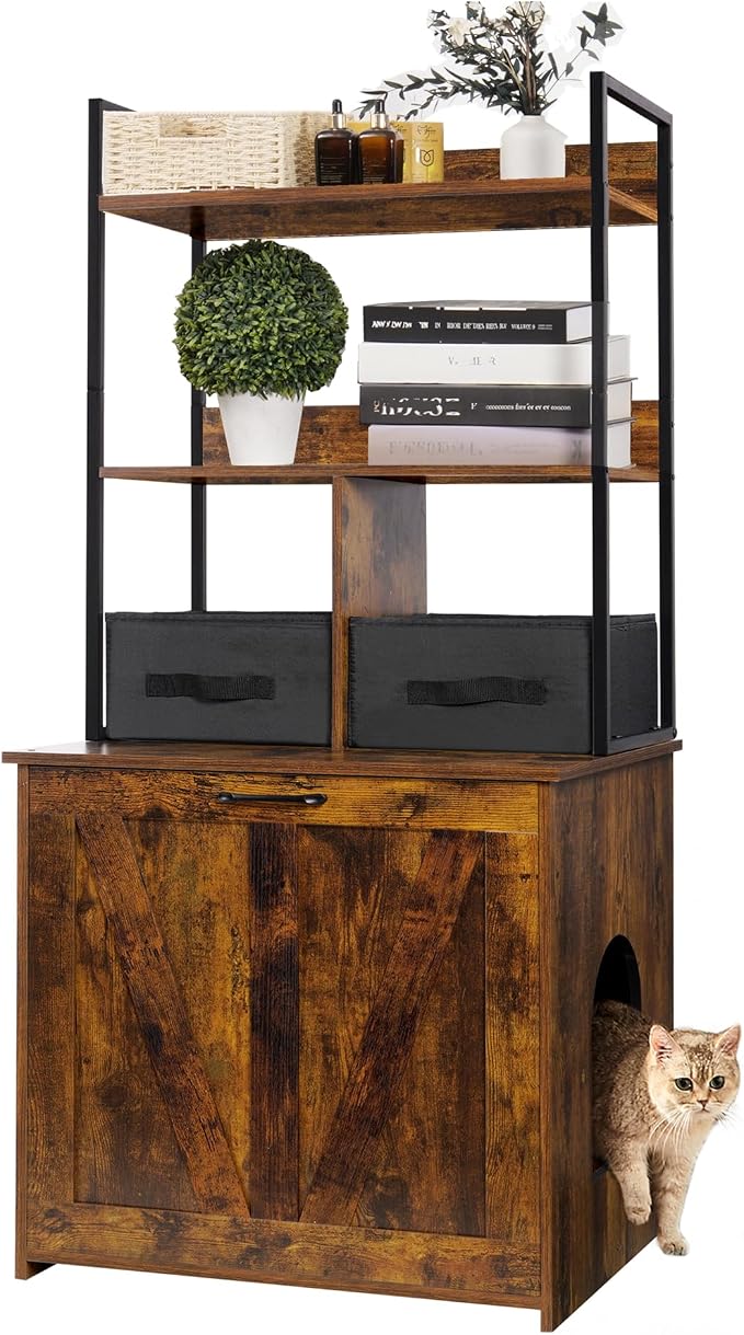 Dwanton Cat Litter Box Enclosure, 2 Storage Shelves and 2 Drawers, 50" H | 2-in-1 Hidden Cat Litter Box Enclosure Furniture with Shelf, Metal Frame, Reversible Entrance, Washable Drawers, Rustic Brown