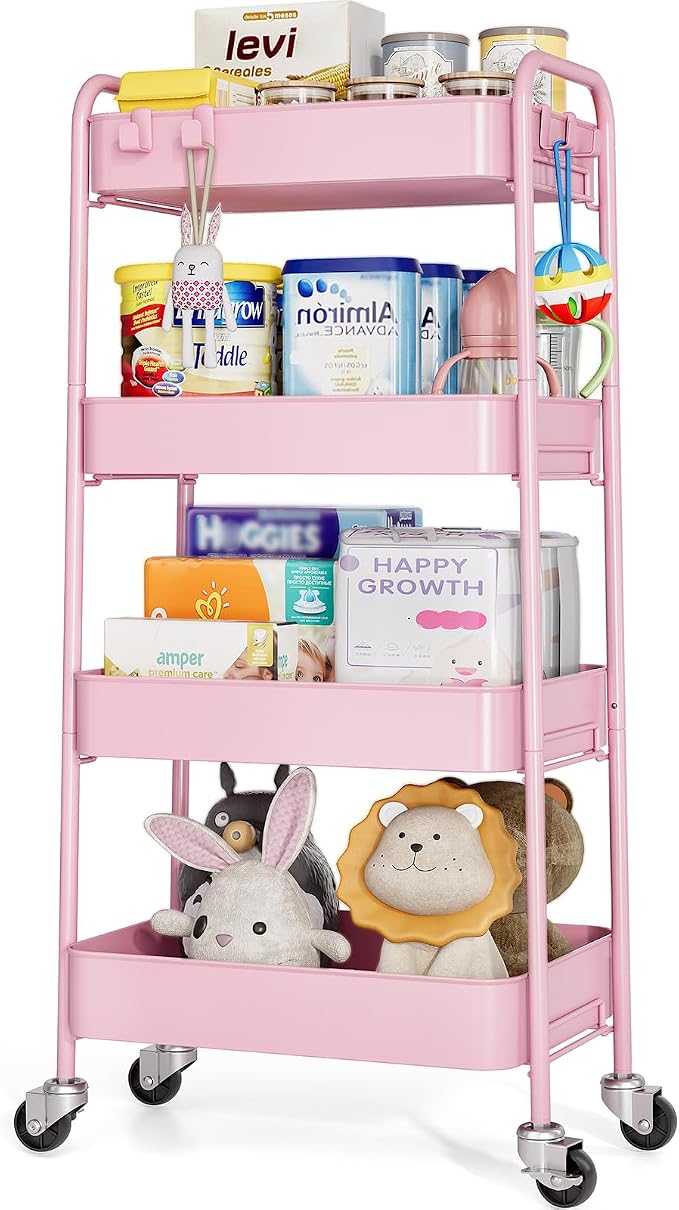TOOLF 4 Tier Metal Rolling Cart, Utility Storage Cart with Wheels, Pink | Screwless Assembly, Lockable Metal Wheels, Trolley Organizer for Bathroom, Kitchen, Office, Dorm, Laundry, Craft Room