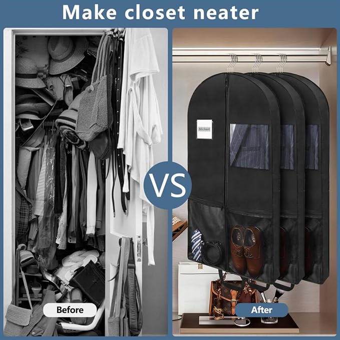 3 Pack 43" Travel Garment Bags for Suit Garment Bags for Closet Storage Hanging Clothes Bag with Carry Handles and 2 Large Pockets, 4" Gussets for Suit Coat, Shirts, Dress