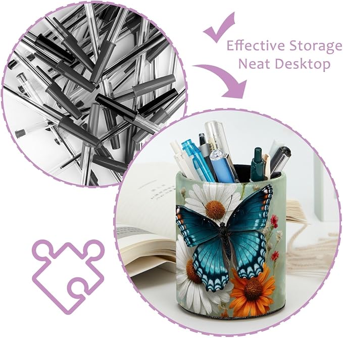 Blue Butterfly Pen Holder, Pencil Cup Marker Brush Holder Desk Storage Case, Desktop Organizer for School Office Home Supplies