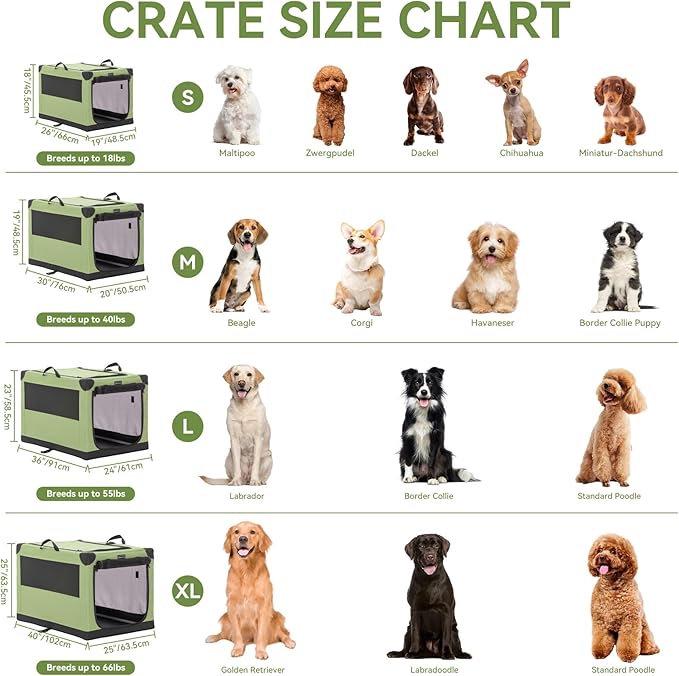PETSFIT 30" Soft Portable Dog Crate – Patented Spiral Sturdy Frame, Collapsible Travel Kennel for Medium Dogs, 3 Mesh Door, Lockable Zippers, Indoor & Car Use Green