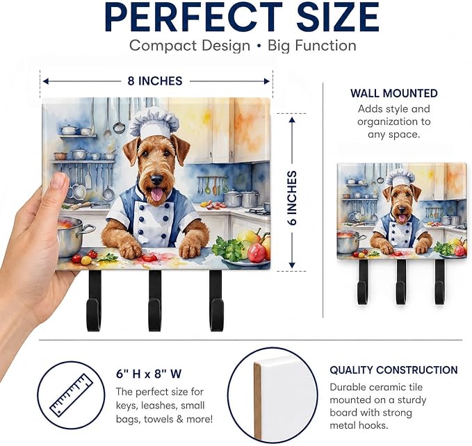 Caroline's Treasures Airedale Terrier The Chef Leash or Key Holder Wall Hooks, Key Hooks Holder, Coat Rack Wall Mount, Coat Hooks, Hooks for Hanging Keys, Towels, Aprons, Leashes | Airedale Terrier The Chef artwork on ceramic tile with three steel hook...
