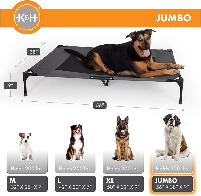 K&H Outdoor Elevated Dog Bed, Cooling Raised Dog Bed, Charcoal, Jumbo | Pet Cot for Extra-Large & Giant Pets, Breathable Mesh Center Hammock Design, Indoor/Outdoor Washable Cover, 56x38in