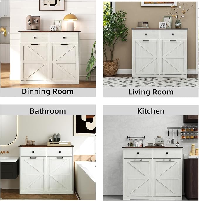 Double Tilt Out Trash Can Cabinet for 20 Gallon,Hidden Dual Laundry Cabinets with 2 Drawers & 2 Baskets, Barn Door Style Garbage Cabinet for Kitchen