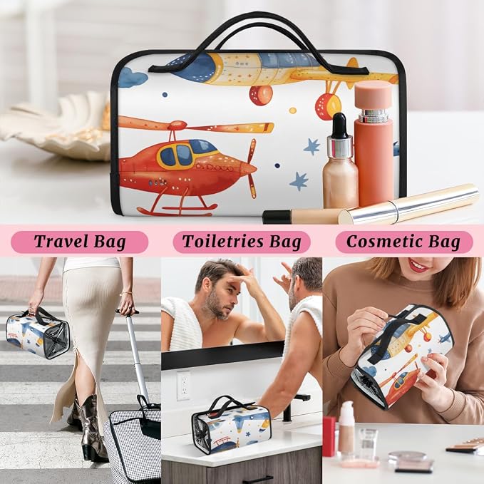 Airplane Makeup Bag for Women Hanging Roll-Up Travel Organizer Toiletry Kit with 4 Removable Compartments, Cartoon