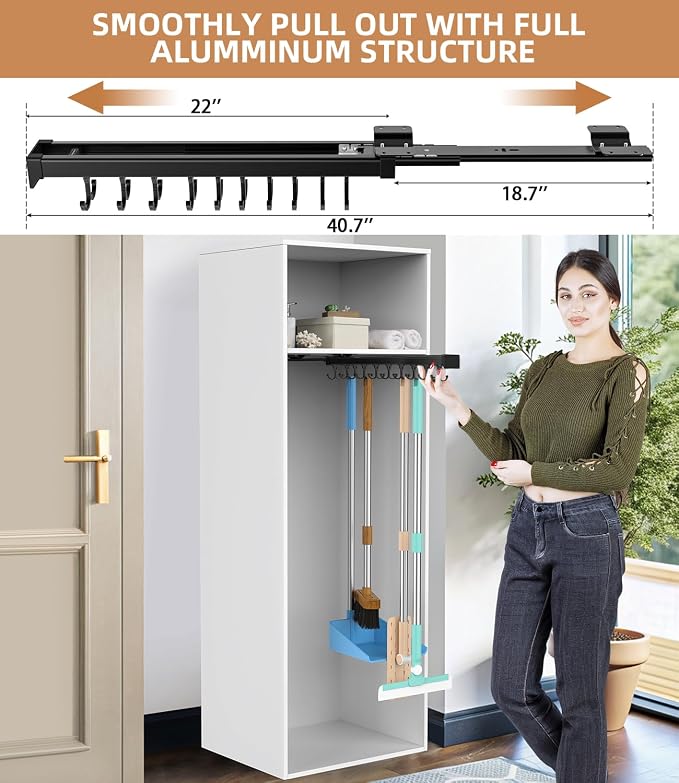 Pull Out Broom Holder With Adjustable Double Row Sliding Hook-Black 22in | High Load Capacity, Multifunctional Slide Broom And Mop Storage/Garage Organization Hooks, for Closet Laundry, kitchens