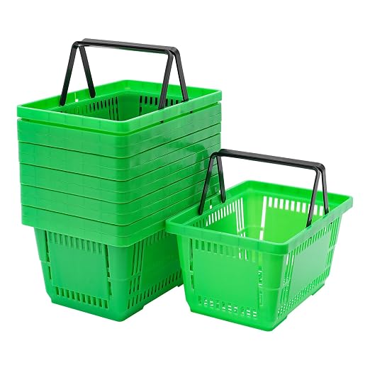 12PCS Shopping Baskets with Handles, 19x13x10inch Plastic Storage Bins Grocery Baskets, Portable Shop Basket Used for Supermarket, Retail, Bookstore (Green)