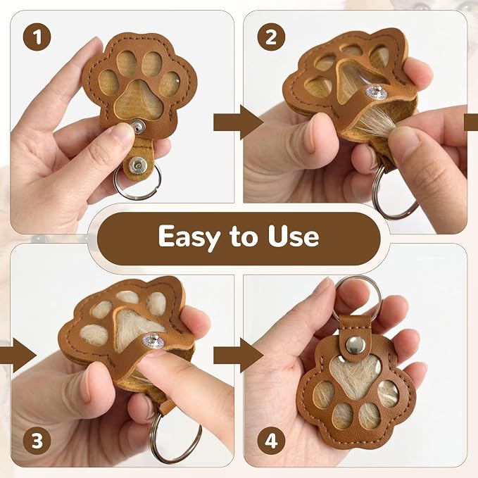 6 Pack Pet Fur Keepsake Keychain, Paw Shaped Leather Cat & Dog Hair Keepsake, Dog Hair Storage Cat Fur Collector Sympathy Memorial Gift for Loss of Pets, Pet Lover Commemorative Keyring
