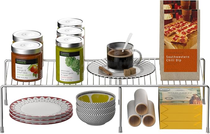 Kitchen Cabinet Expandable Shelf Organizers Set of 2, Adjustable Metal Wire Pantry Storage Shelves, Plate Dish Organizer Rack for Cabinets, Cupboard, Counter, Freezer, Countertop, Chrome