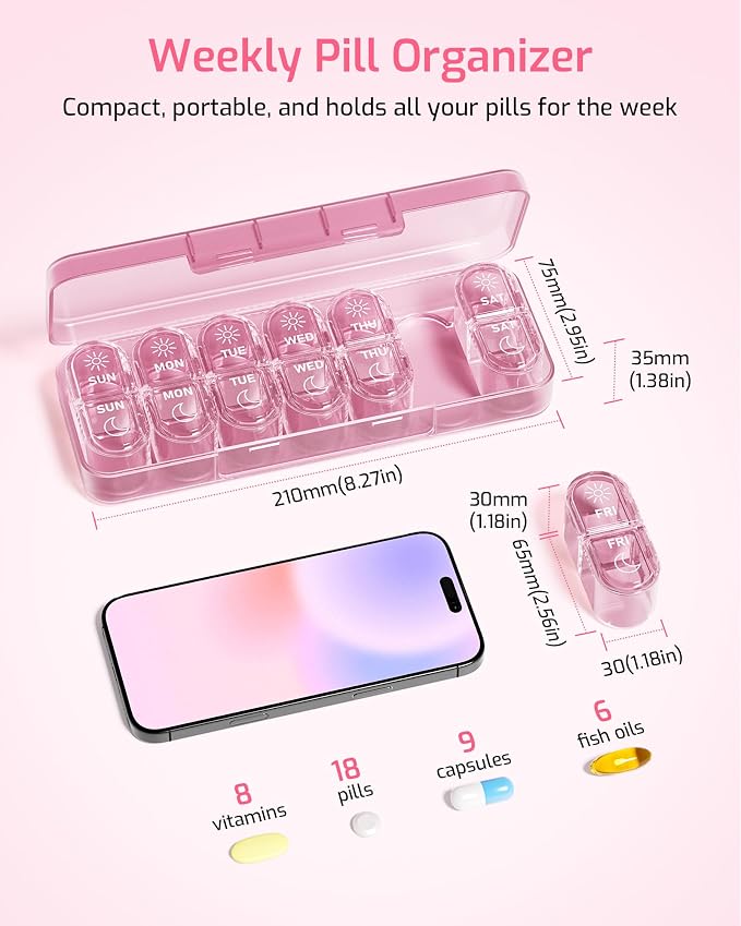 Daviky Pill Organizer 2 Times a Day, AM PM Pill Organizer Box Weekly 7 Day | Portable Travel Pill Organizer, Cute & Compact, Easy-Open Large Compartments, Reusable for Pills, Vitamins & Supplements