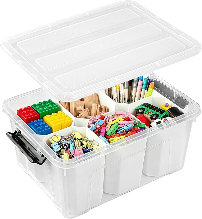AREYZIN 17QT Clear Storage Bins with Lids & Dividers for Crafts | Stackable 17-quart transparent box featuring 6 tall removable inserts. Perfect for organizing crafts, tools, toys & crayons