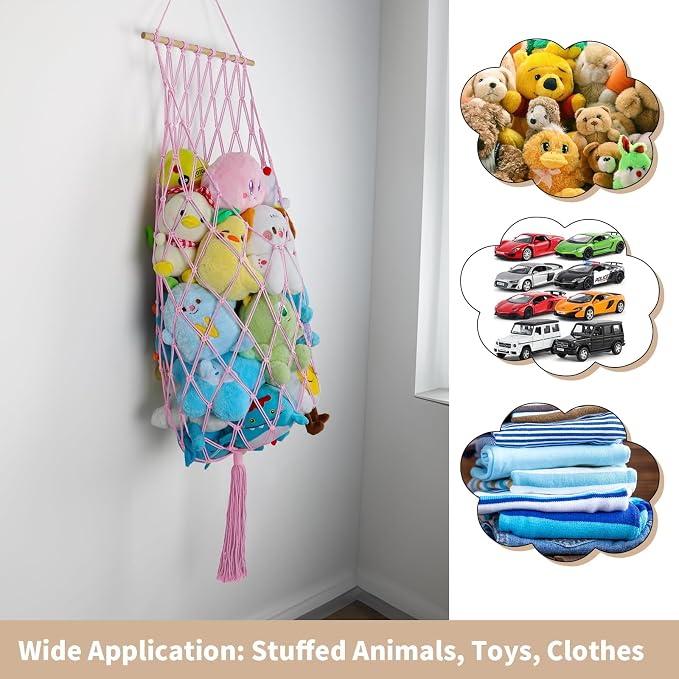 68 Inch Stuffed Animal Storage Hammock Corner Plushie Net,Pink | Boho Macrame Large Toy Hammock for Stuffed Animals Organizer,Wall Ceiling Over Door Stuffy Storage Holder,Nursery Room Decor