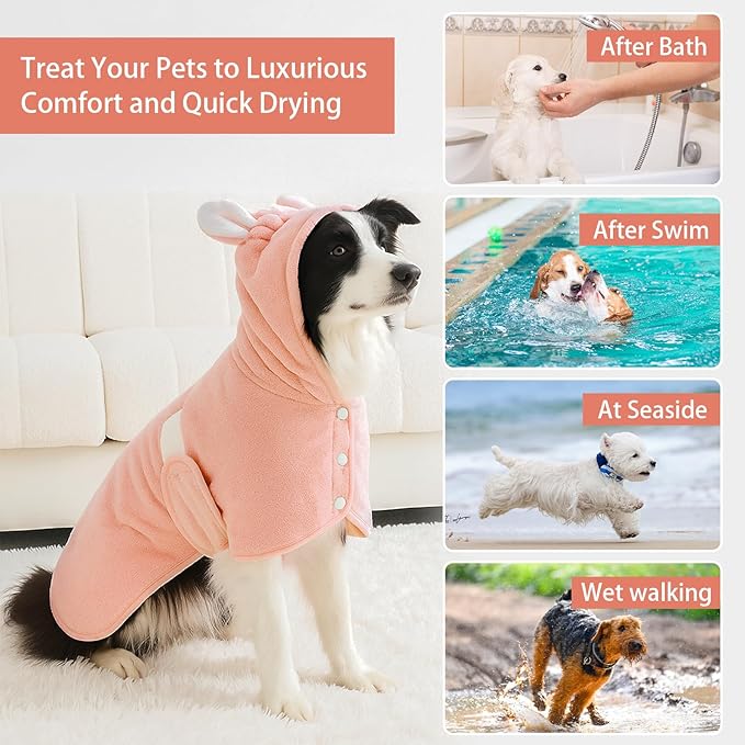 Pet Bathrobe Towel Dog Cat Drying Coat Super Absorbent Cute Dogs Bath Towel Hooded Robe Adjustable Collar & Belly Strap for XSmall to XLarge Pets (Coralpink, Small)