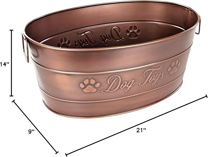 BREKX Copper Metal Dog Toy Storage Bin, Indestructible, Large | Toy, Blanket & Leash Organization • Carrying Handles
