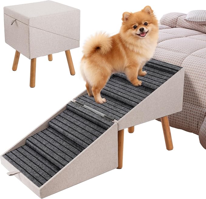 Split Ottoman Dog Ramp for Bed and Couch, 21.06" H Non Slip Dog Stairs | 2 in 1 Foldable Wooden Pet Steps for Senior/Injured Dogs, Dog Stairs for Small Medium Large Dogs,Space Saving