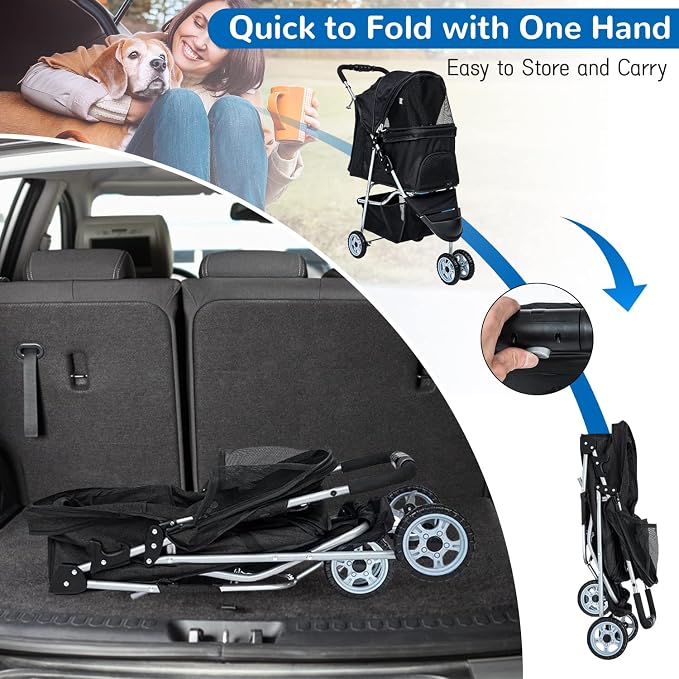 BLKMTY 3 Wheels Dog Stroller, Foldable Stroller for Cat, Dogs Waterproof Travel Carrier Strolling Cart for Puppy Small Dog Jogger Strollers W/Cup Holder & Storage Basket, Black