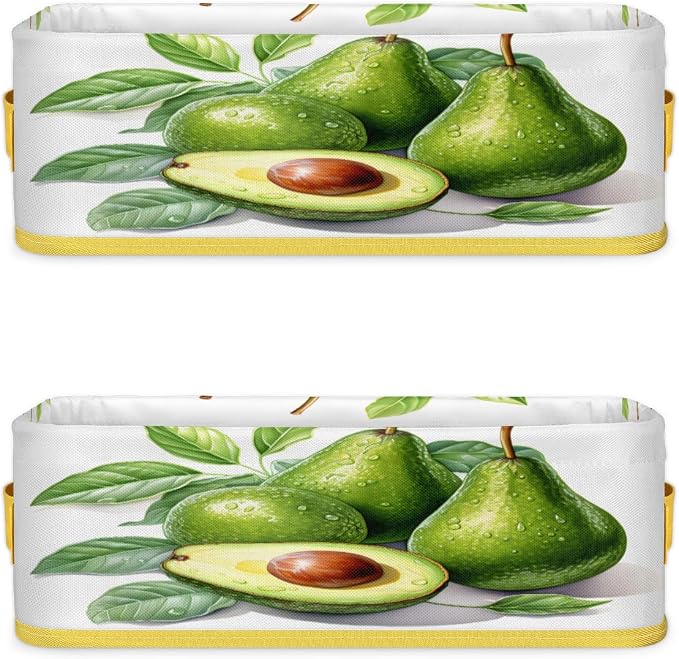 Green Avocado Pattern Bathroom Storage Basket Waterproof Foldable Storage Bins with Handles Decorative Toilet Paper Storage Basket for Organizing for House Bathroom Toiletries Set of 2