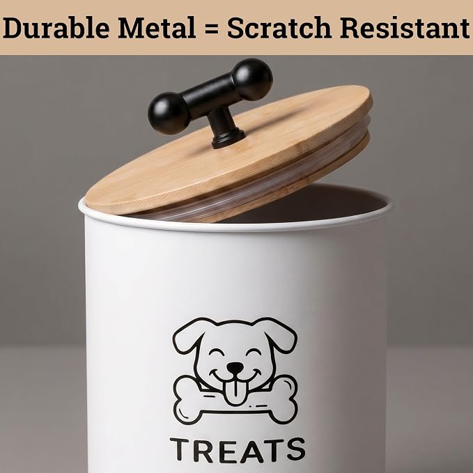 Dog Treat Container Airtight, 4.6"W x 6"H, Powder Coated, 6 Cup Capacity | Fits All Popular Treats, 6 Cup Capacity, Airtight Bamboo Lid, Easy Open Lid, Dent-Resistant Durable Metal Bone-Shaped Handle