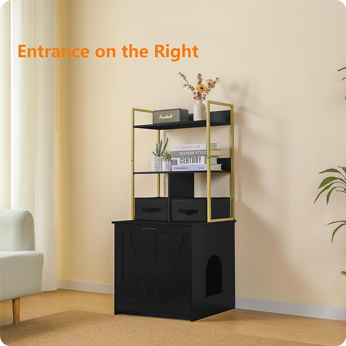 Dwanton Cat Litter Box Enclosure, 2 Storage Shelves and 2 Drawers, 50" H | 2-in-1 Hidden Cat Litter Box Enclosure Furniture with Shelf, Metal Frame, Reversible Entrance, Washable Drawers, Black+Gold