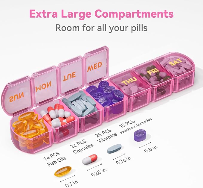 Large Pill Organizer Weekly - 7 Day Compartments with Easy-Open Design | SHIJOINYU XL Pill Box with High-Capacity, Daily Medicine Pill Organizer for Vitamins, Supplements, Fish Oils