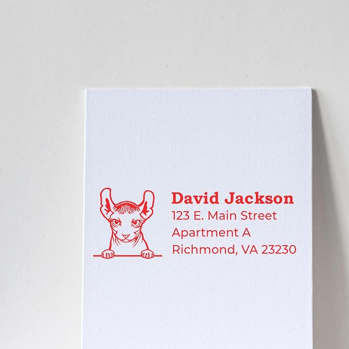 Dwelf Cat Custom Return Address Stamp for Name Tags & Labels | Personalized Handcrafted Wooden Handle Self-Inking Rubber Stamp | Unique Feline Design Mail Stamper for Letters & Packages, 7/8 x 2-1/4