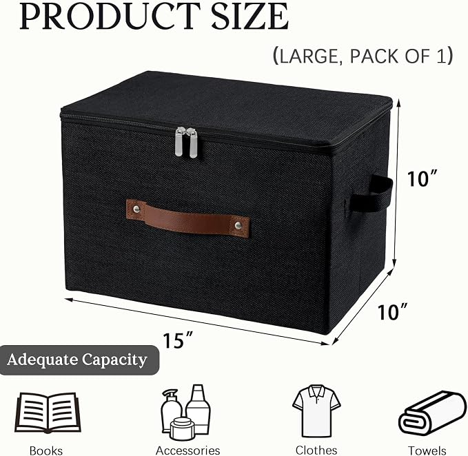Storage Bins with Zipper Lid Decorative Lidded Box Fabric Baskets | Collapsible Shelf Closet Organizer Container, Cotton Linen Fabric Boxes, PU Leather Handle, Stackable Washable (Black, Large)