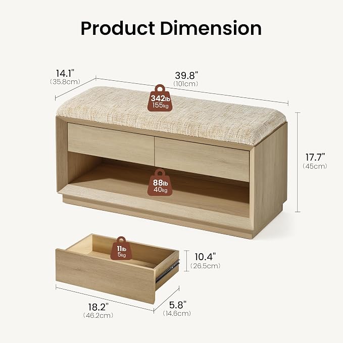 40" Wood Shoe Storage Bench, Modern Entryway Bench with Cushion | 2 Storage Drawers, Wooden Storage Bench for Bedroom End of Bed, Entryway, Mudroom, Closet, Living Room, Natural Wood