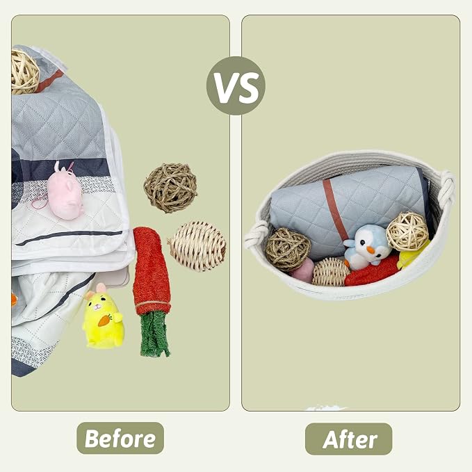Fhiny Cotton Rope Dog Toy Basket with Handle Puppy Toys Storage Bin Small Woven Rectangle Diapers Pet Kitty Bed Perfect for Carry Pet Chew Toys Blankets Leashes Doggie Stuff - Beige L