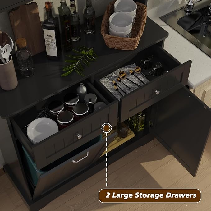 68.4" Kitchen Pantry Storage Cabinet, Freestanding Cupboard with Shelf, 2 Drawers and 1 Tilt Out Trash Cabinet, Tall Cabinets for Kitchen, Dinning Room, Living Room (Glossy Black, Single Tilt)
