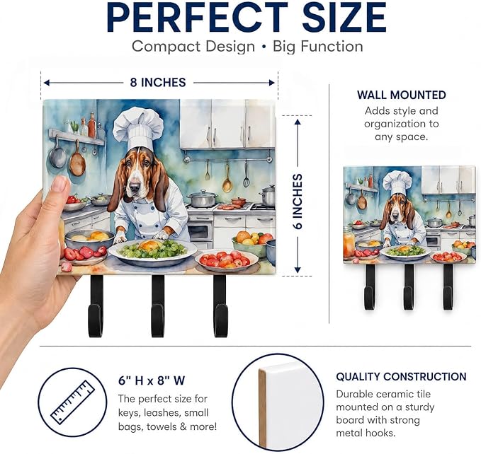 Caroline's Treasures Basset Hound The Chef Leash or Key Holder Wall Hooks, Key Hooks Holder, Coat Rack Wall Mount, Coat Hooks, Hooks for Hanging Keys, Towels, Aprons, Leashes | Basset Hound The Chef artwork on ceramic tile with three steel hooks for ke...