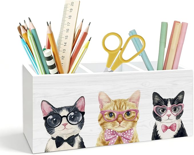 Cat Pen Holder for Desk, Cat Mom Lady Gifts, Coquette Bow Glasses Kitty Wooden Box Pencil Pen Holder Organizer for Kids Room Home Office Desk Accessories