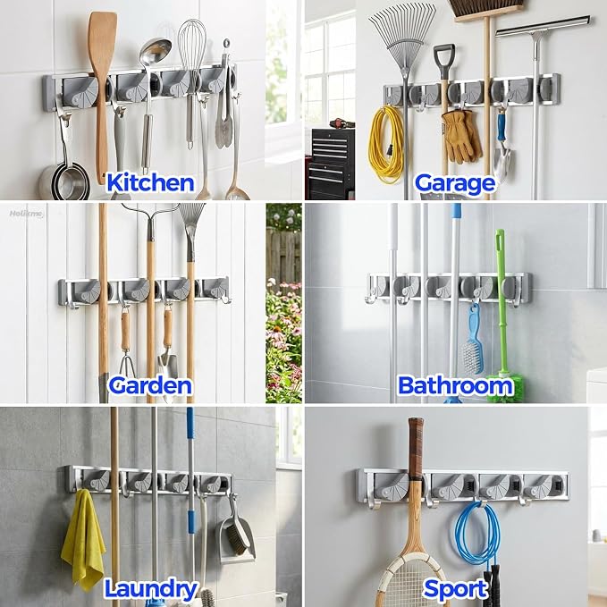 Holikme Mop Broom Holder Wall Mount Metal Pantry Organization and Storage Garden Kitchen Tool Organizer Wall Hanger for Home Goods (4 Positions with 4 Hooks, Silver)