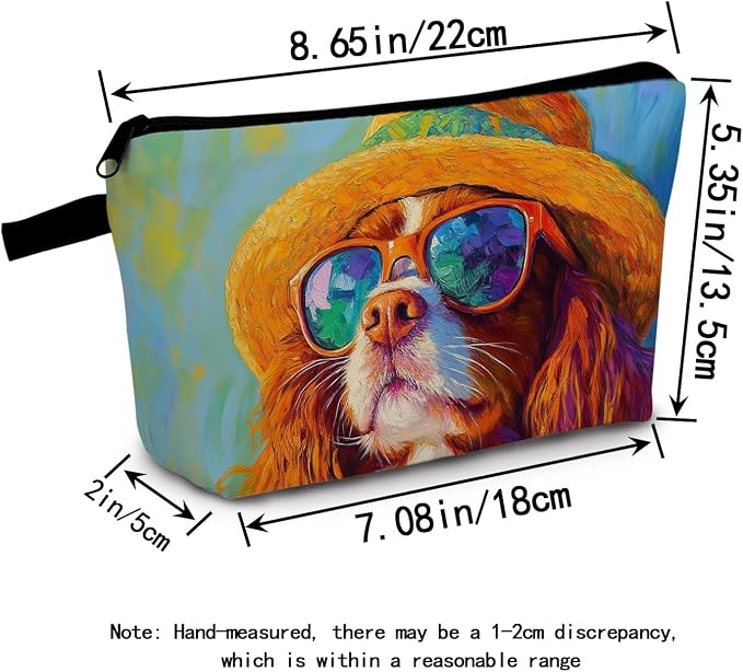 Cavalier King Charles Spaniel Makeup Bag Vintage Oil Painting Style Adorable Dog with Straw Hat & Sunglasses Artistic Cosmetic Pouch for Dog Lovers Gift for Pet Enthusiasts