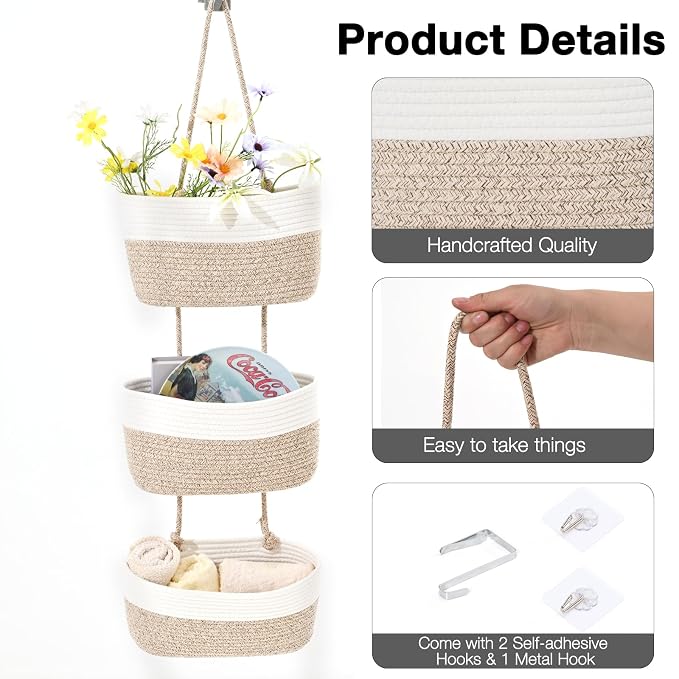 ICERZCZ Hanging Baskets for Organizing, Over the Door Decorative Storage Organizer, Nursery Decor Organization, 3-Tier Wall Basket for Entryway Playroom Bathroom Closet, Mixed Brown & Off White