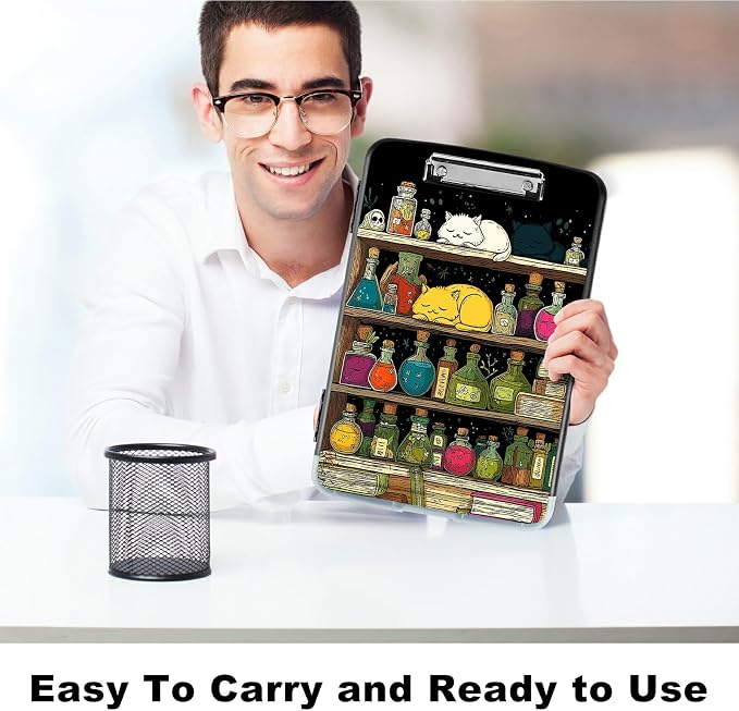 A4 Clipboard with Storage Pen Holder, Clipboards Organizer Nursing Clipboard Foldable File Folder Plastic Clipboard Folio Clip Board for Office Work Classroom Doctor, Vase Books Cat