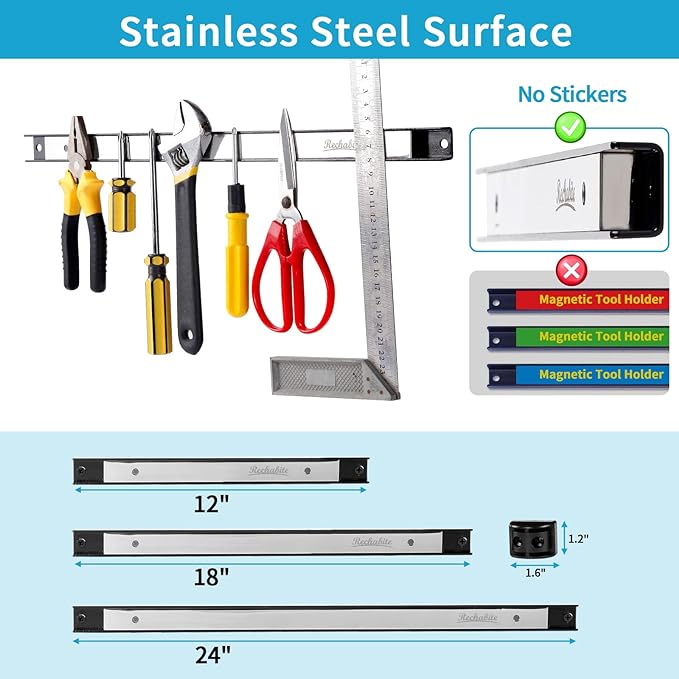 6 Pieces 12" Magnetic Tool Holder Strip, Stainless Steel Surface Tool Magnet Bar, Metal Tool Organizer Rack for Garage Organization, Easy To Install in Workshop, Mounting Screws Included